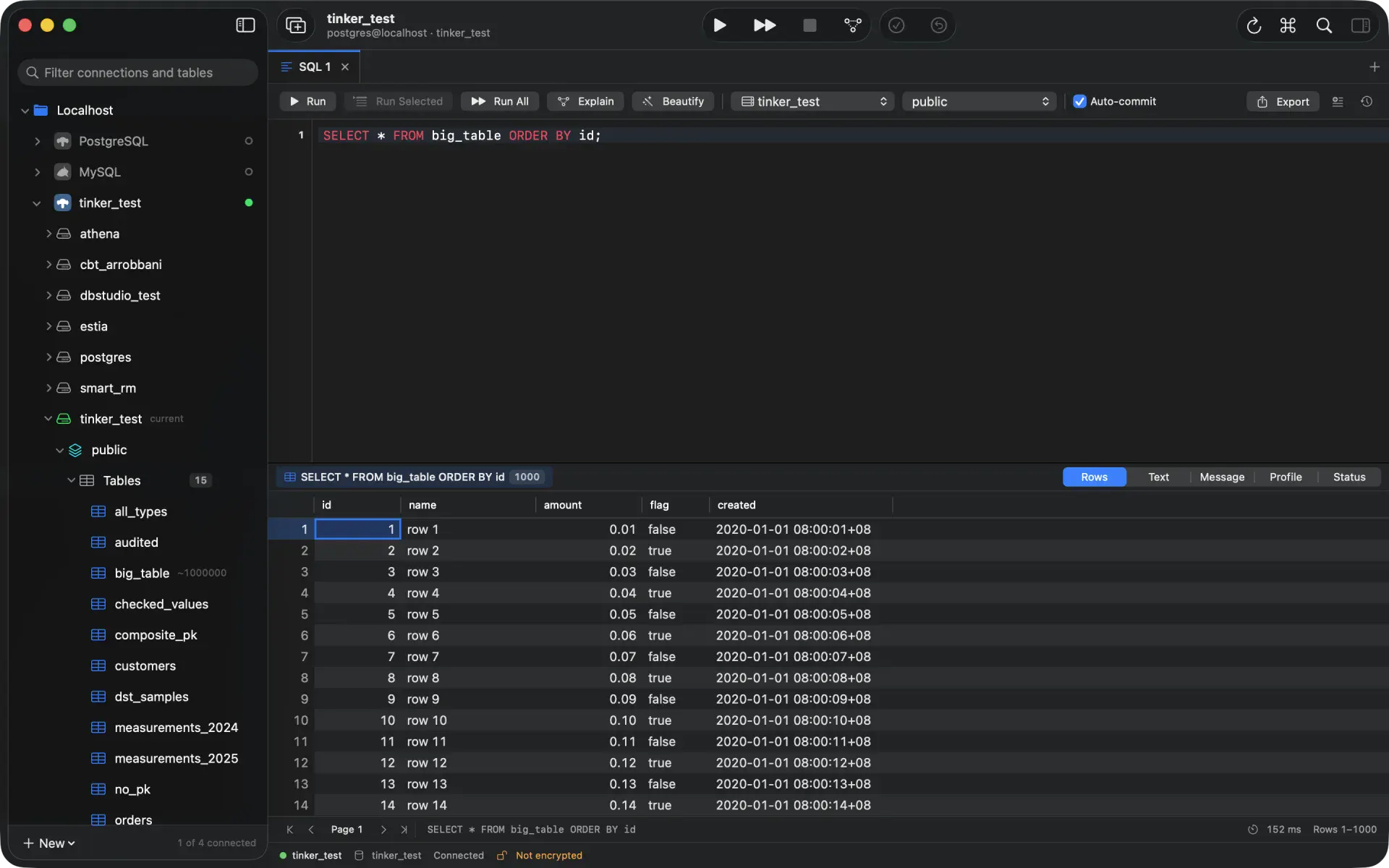 The Tinker data grid with the first page of a million-row table open, the row range and the elapsed query time in the status bar.