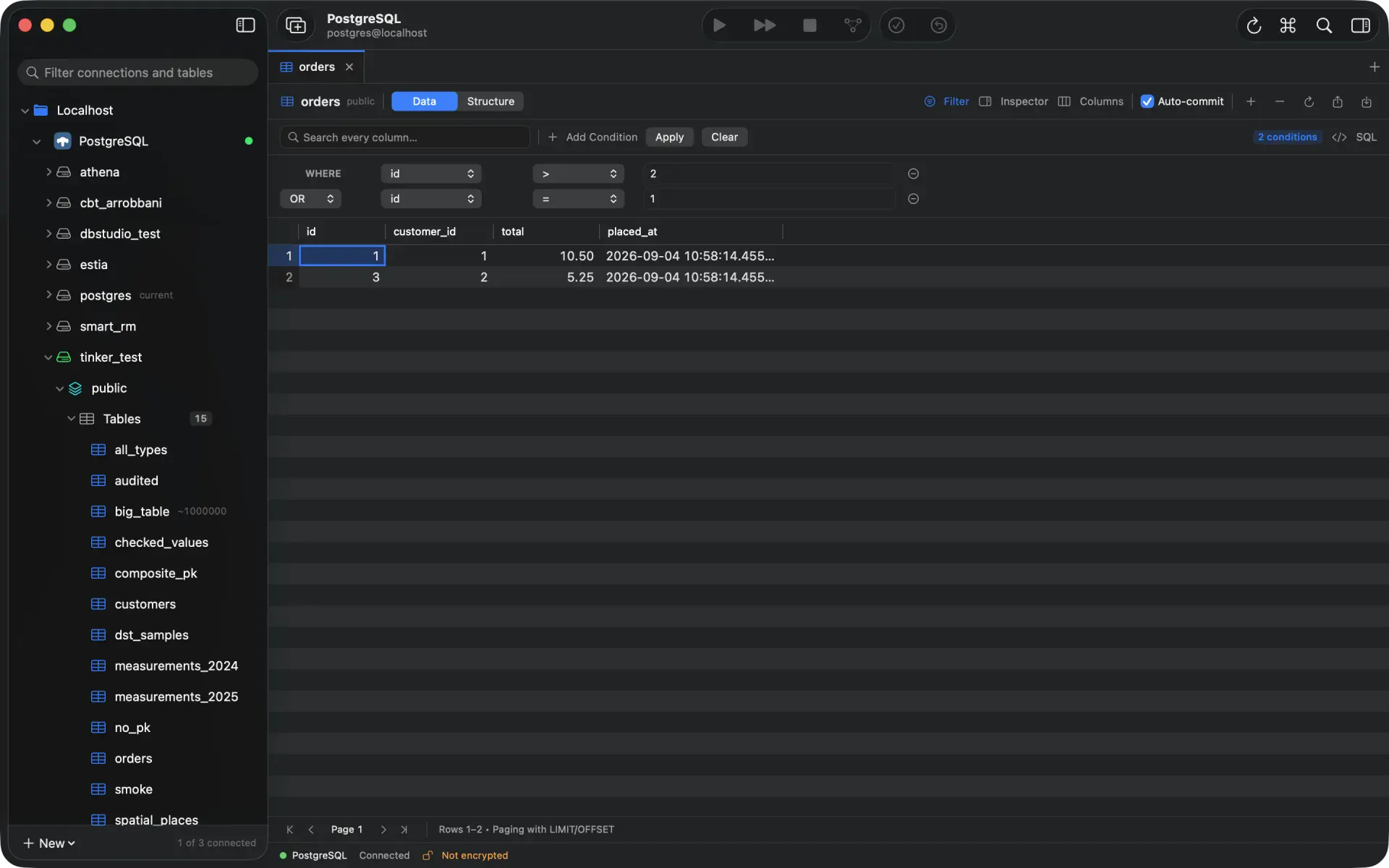 The filter bar with two conditions joined by OR