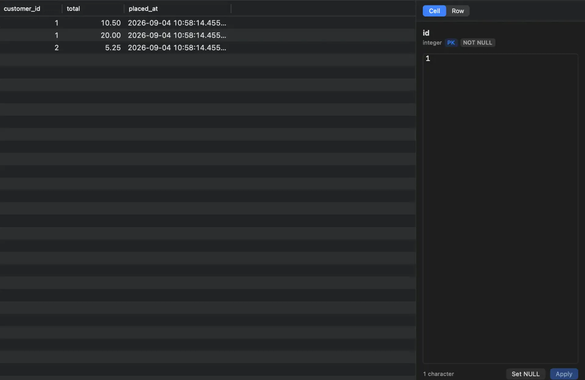 The cell inspector open beside the grid, showing the focused cell’s column name, native type, constraints and raw value.