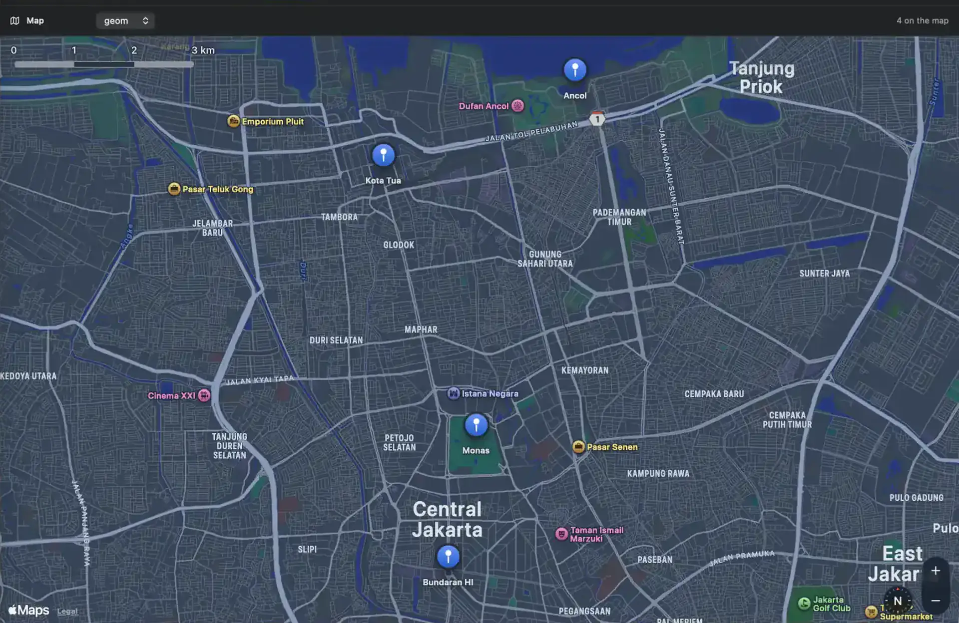 The Map tab of a table with a geometry column, its points drawn on Apple Maps.
